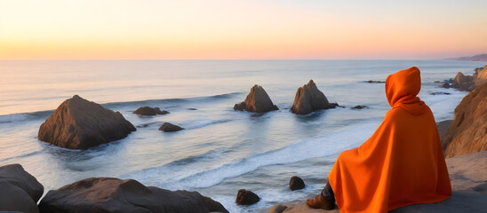 A person is seated on a rock, gazing out at the vast expanse of the ocean