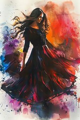 Capture a wide-angle view of a stylish lady in striking watercolor strokes, showcasing her flowing hair and elegant attire with vibrant hues and dynamic shadows