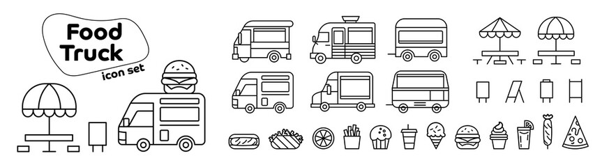 Set of icons of food truck series. Food trucks, sign stands, seats and food in simple black line for logo and icon design on transparent background.