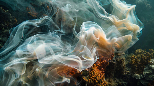 Amidst a tapestry of soft coral, a solitary ribbon of ivory smoke drifts, its graceful movements reminiscent of a gentle ocean current, carrying whispers of distant shores on the breeze.
