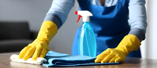 A woman wearing a blue apron and yellow gloves is cleaning a table in a straightforward manner