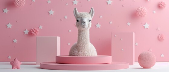 Fototapeta premium A cute llama standing on a podium against a pink background with stars and flowers.
