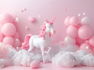 A cute unicorn stands in a field of pink clouds and stars. The unicorn is white with a pink mane and tail. There are pink balloons and stars floating around it. The background is a light pink color.