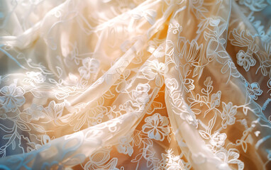 Close up texture of elegant embroidery on wedding dress.