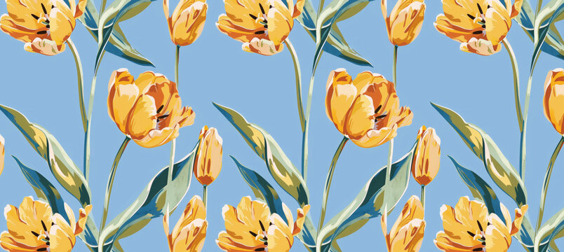 Seamless pattern banner of yellow tulips over blue background.