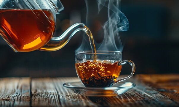 Pouring black tea into glass cup