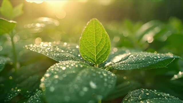 Dew-kissed Soy Sprout in Morning Light. Concept Nature Photography, Morning Light, Dew-Kissed, Plant Growth, Freshness