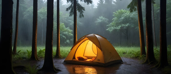 A tent located in the center of a dense forest while rain falls steadily, creating a wet and muddy...