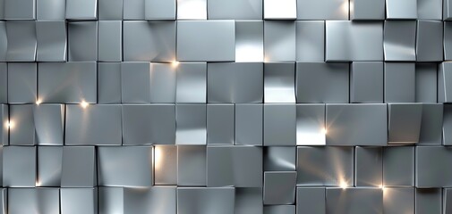 Abstract geometric metallic silver 3d texture wall with squares and square cubes background banner illustration with glowing lights, textured metal wallpaper