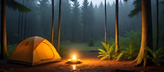 A tent is pitched in the center of a dense forest during the night, illuminated by the moonlight, with trees and shadows surrounding it