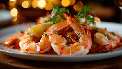 Succulent seafood delight_ Delight in the exquisite flavors of a main course featuring shrimp or mus - obrazy, fototapety, plakaty