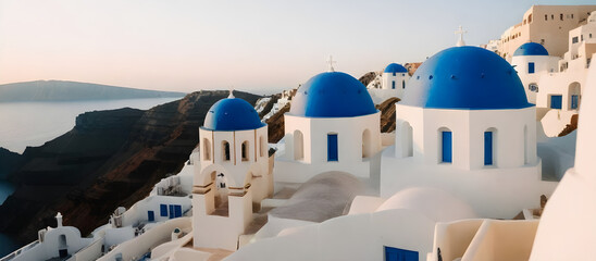 A building painted in white and blue hues featuring intricate blue domes on its roof. Summer travel concept