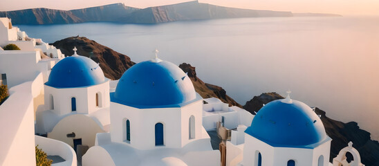 A white building with blue domes stands out against the sky. Summer travel concept