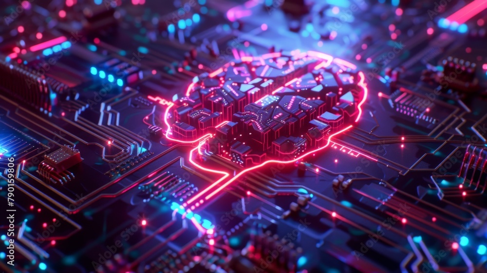 Poster a close-up of a neon circuit board forming the shape of a brain, symbolizing artificial intelligence