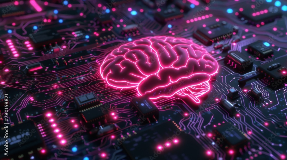 Poster a close-up of a neon circuit board forming the shape of a brain, symbolizing artificial intelligence