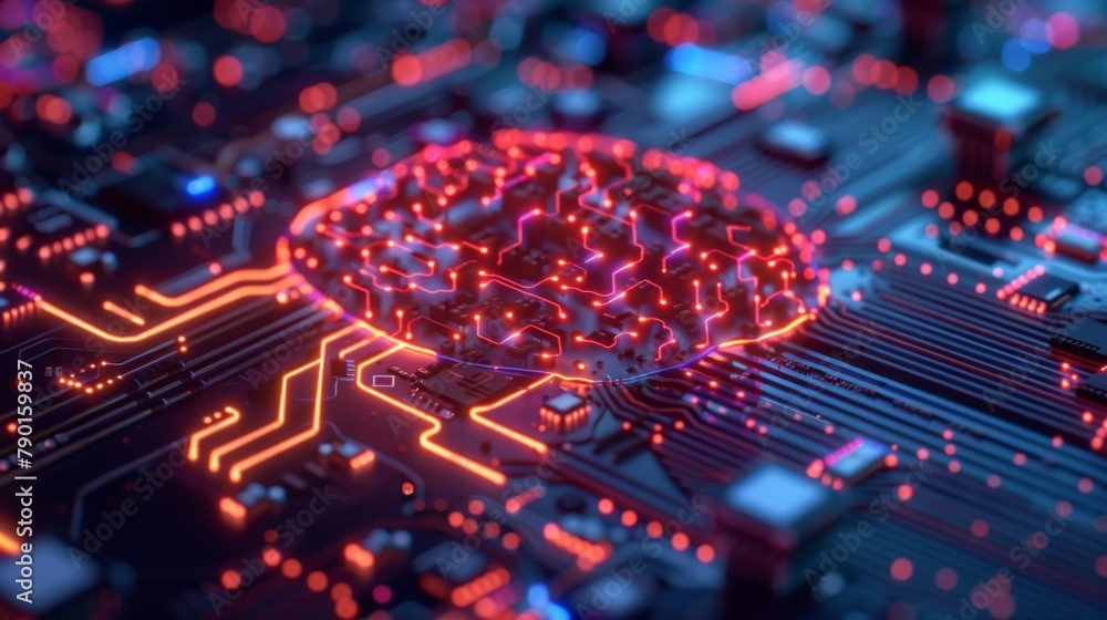 Poster a close-up of a neon circuit board forming the shape of a brain, symbolizing artificial intelligence