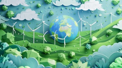 A beautiful papercut illustration of a clean and healthy planet Earth, surrounded by wind turbines and solar panels, crafted from recycled paper with green and blue accents. 