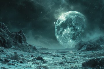 Chilling night sky featuring a moon that eerily resembles a skull, casting a haunting glow over a shadowed terrain