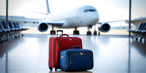 Two pieces of luggage positioned in front of an airplane on the tarmac. Summer travel concept 