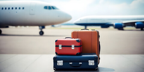 Three suitcases placed on the tarmac at an airport. Summer travel concept 