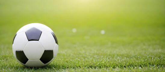 A soccer ball rests on top of a vibrant green field, ready for game time
