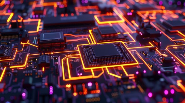 A close-up of a motherboard with intricate neon pathways connecting glowing processors and chips.  