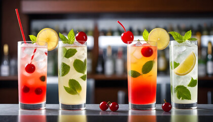 Different types of beverages, such as water, juice, soda, and cocktails, are served in a row of stylish glasses