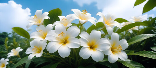 Numerous white flowers featuring vibrant yellow centers, creating a visually striking bunch