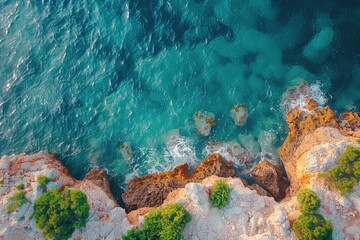 Dramatic Overhead Shot of Rugged Coastline with Rocks and Crashing Waves. Nature Background