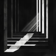 Realistic indoor black-and-white photograph of a stairway inside a brutalist concrete building, sunlight, light and shadow. From the series �Abstract Architecture," "Interiors.�