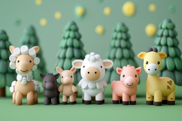 a group of cute cartoon animals in the park. Preschool and school education concept. 3D minimals style