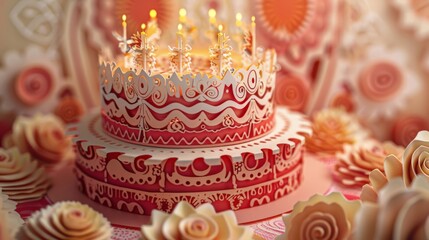A celebratory papercut design for a birthday card, featuring a layered cake with intricate patterns and candles.   - obrazy, fototapety, plakaty