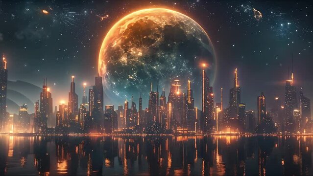 Metropolitan Moonrise: A Vision of Sci-Fi Serenity. Concept Urban Landscape, Futuristic Scene, Moonlit Cityscape, Sci-Fi Architecture, Tranquil Night Views
