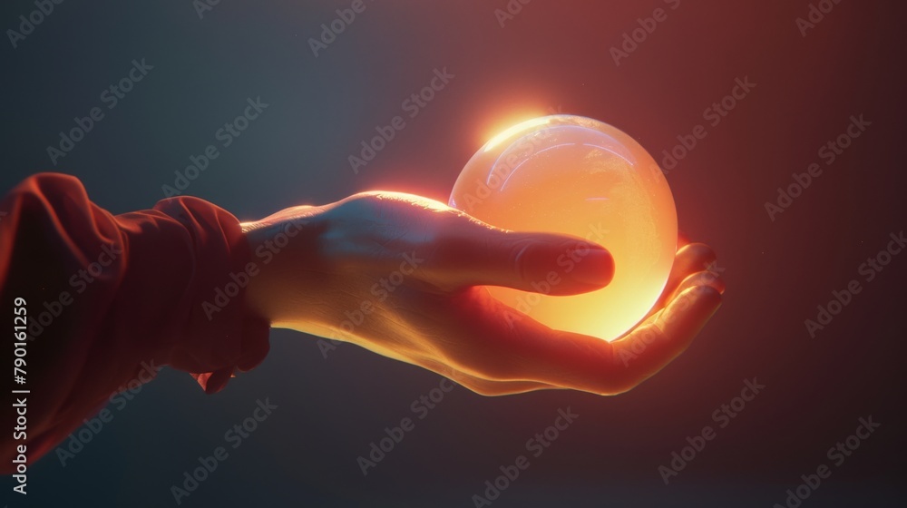 Poster a close-up photo of a hand holding a glowing sphere, rendered with simple shapes and contrasting lig