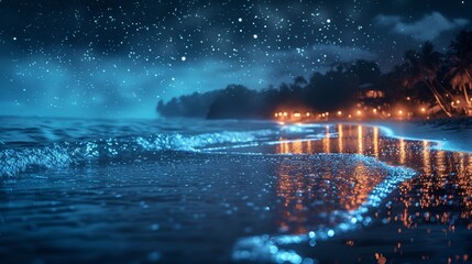 Mystical twilight at an ocean shoreline with sparkling waves under a starry blue sky