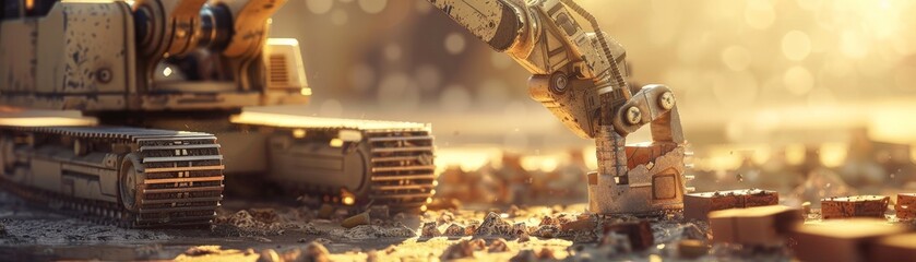 A close-up shot of a construction robot with a robotic arm precisely laying bricks on a building foundation, sunlight glinting off its metallic exterior.  - obrazy, fototapety, plakaty
