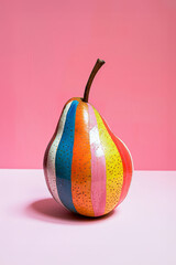 Single pear fruit painted in colourful stripes on pink background in studio