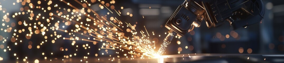 A close-up shot of a robotic welder spraying sparks as it meticulously welds together two pieces of metal on a high-rise building. 