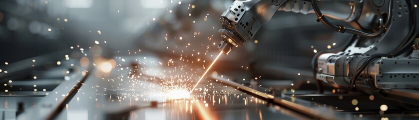 A close-up shot of a robotic welder spraying sparks as it meticulously welds together two pieces of metal on a high-rise building.  - obrazy, fototapety, plakaty