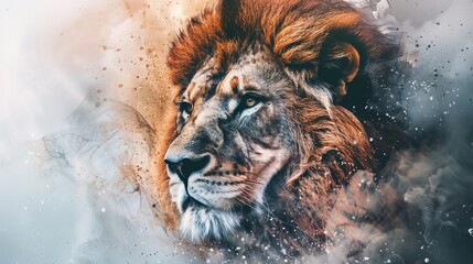 A close-up watercolor portrait of a majestic lion, with its mane flowing in the wind and a determined gaze. - obrazy, fototapety, plakaty