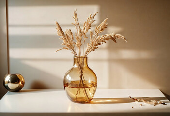 Glass vase with pampas grass in a minimal room lit with beige colour
