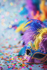 Beautiful bright background of feathers in purple, green and yellow colors, for the Mardi Gras festival.