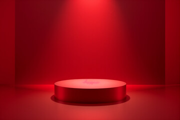 Christmas elegance. Minimal red pedestal for product display, placed on studio floor with accent lighting, perfect for showcasing holiday items