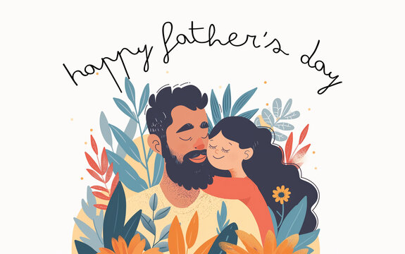 Father with daughter. Happy Father's Day congratulations card. Greeting June holiday poster, banner for sale promotion, marketing, advertising, celebration gift illustration. Flat style.