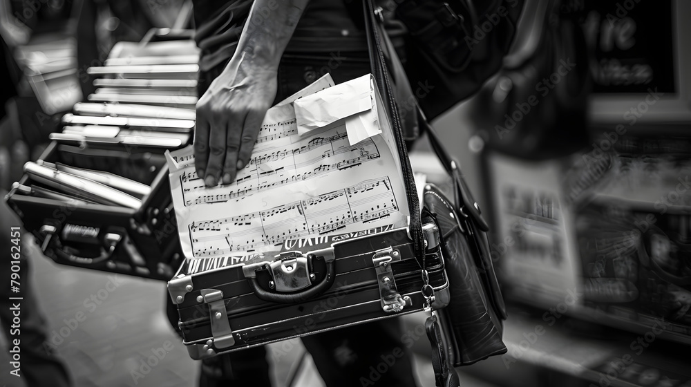 Poster an individual holding a case of musical instruments. including strings and wind instruments