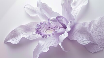 A delicate papercut depiction of a single orchid in full bloom, showcasing its elegant petals and intricate details, crafted from white and light purple paper. - obrazy, fototapety, plakaty
