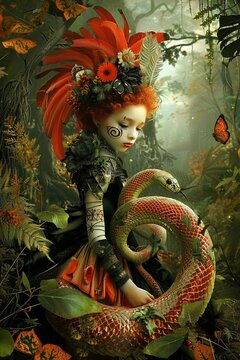 A young knight, her face marked with tribal tattoos, rides a feathered serpent through a dense, overgrown jungle reclaiming the earth ,