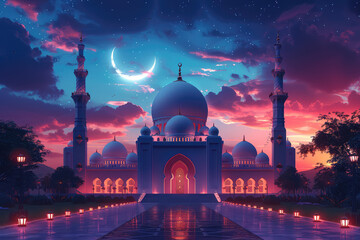 Eid mubarak and ramadan kareem greetings with Islamic lanterns, a mosque building and moon at night time illustration design. Created with Ai - obrazy, fototapety, plakaty