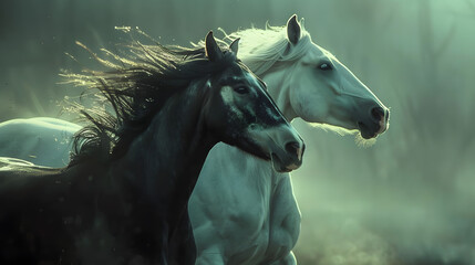 An intimate shot of two horses galloping together - obrazy, fototapety, plakaty