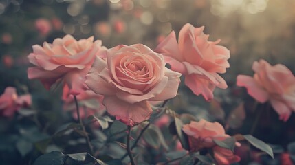 Many roses bloom pink garden - obrazy, fototapety, plakaty